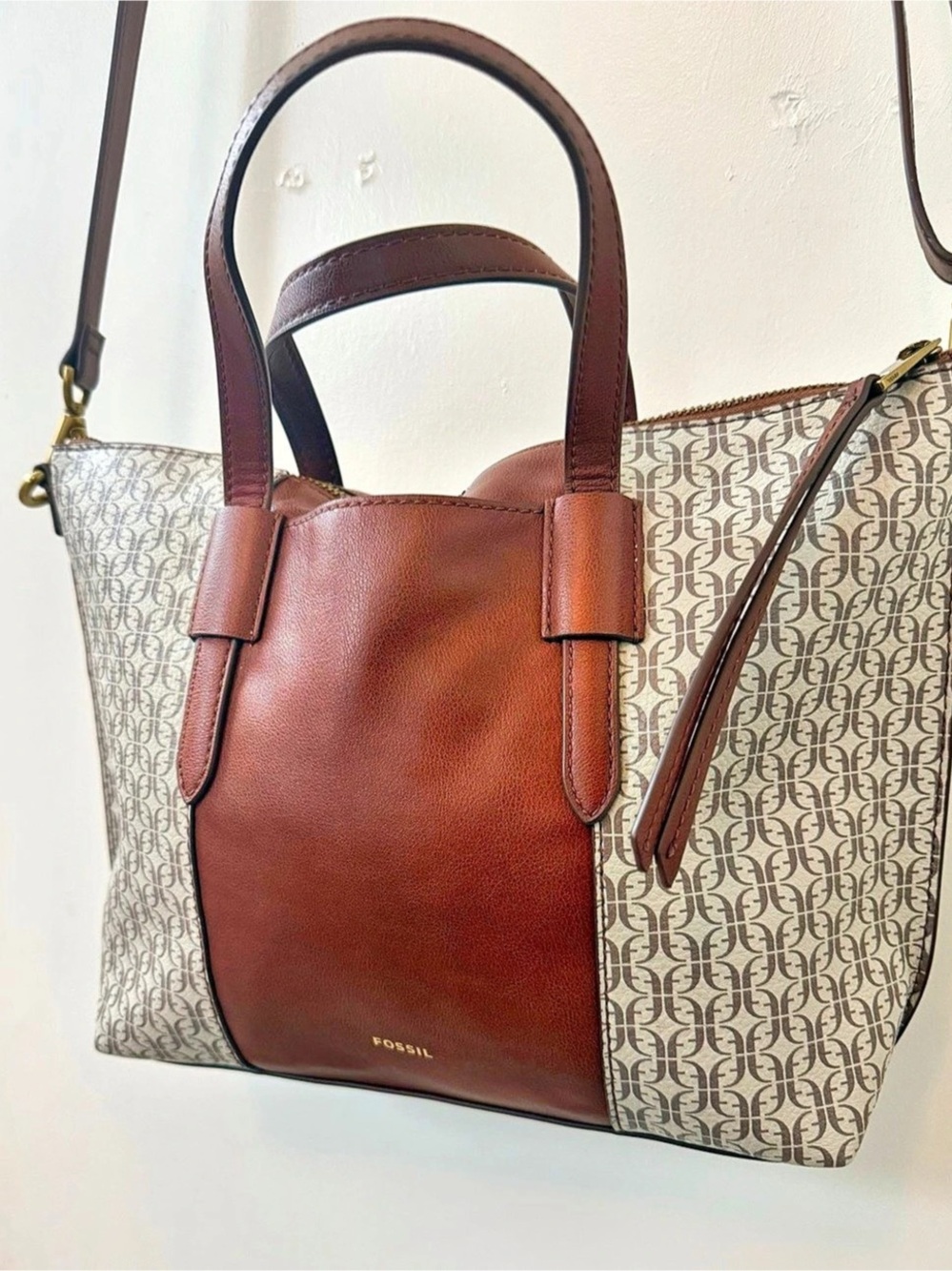 Fossil Monogram Coated Canvas & Brown Leather Satchel